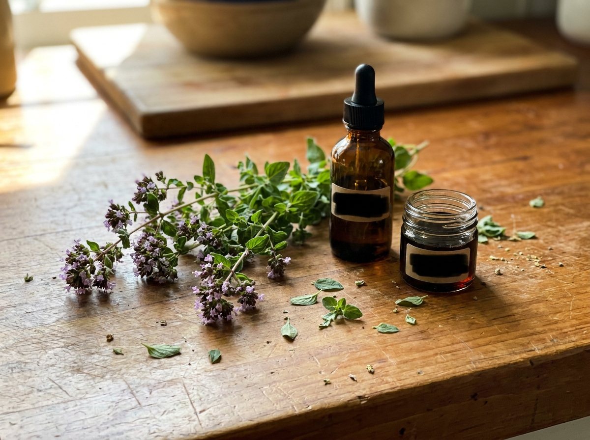 Oregano sprigs and black seed oil — natural ingredients