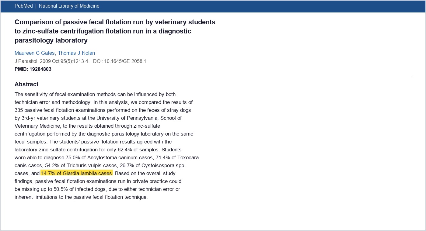 Published research showing fecal float test sensitivity for Giardia in dogs